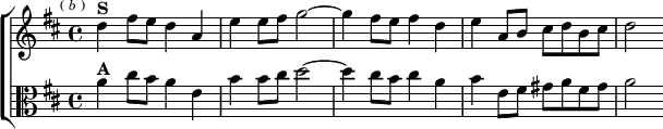 \new ChoirStaff <<
\new Staff \relative d'' { \key d \major \time 4/4 \mark \markup \tiny { ( \italic b ) }
d4^\markup \bold "S" fis8 e d4 a | e' e8 fis g2 ~ |
g4 fis8 e fis4 d | e a,8 b cis d b cis | d2 }
\new Staff \relative a' { \clef alto \key d \major
a4^\markup \bold "A" cis8 b a4 e | b' b8 cis d2 ~ |
d4 cis8 b cis4 a | b e,8 fis gis a fis gis | a2 } >>