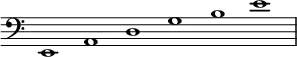 { \override Score.TimeSignature #'stencil = ##f \clef bass \relative e, { \cadenzaOn e1 a d g b e \bar "|" } }