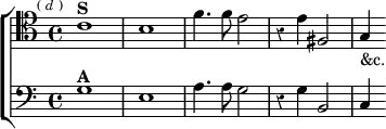 \new ChoirStaff << \override Score.Rest #'style = #'classical
\new Staff \relative c' { \clef tenor \key c \major \time 4/4 \mark \markup \tiny { (\italic"d") }
c1^\markup \bold "S" b | f'4. f8 e2 | r4 e fis,2 | g4_"&c." }
\new Staff \relative g { \clef bass \key c \major
g1^\markup \bold "A" e | a4. a8 g2 | r4 g b,2 | c4 } >>