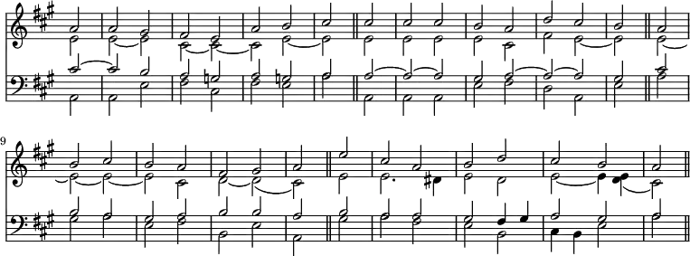 { \override Score.TimeSignature #'stencil = ##f \time 2/2 \key a \major \partial 2 << \relative a' << { a2 | a gis | fis e | a b | cis \bar "||" cis | cis cis | b a | d cis | b \bar "||" a | b cis | b a | fis gis | a \bar "||" e' | cis a | b d | cis b | a \bar "||" } \\ { e2 | e ~ e | cis ~ cis ~ | cis e ~ | e e | e e | e cis | fis e ~ | e e ~ | e ~ e ~ | e cis | d ~ d( | cis) e | e2. dis4 | e2 d | e ~ e4 <e d>( | cis2) } >>
\new Staff { \clef bass \time 2/2 \key a \major \partial 2 \relative c' << { cis2 ~ | cis b | a g | a g | a \bar "||" a ~ | a ~ a | gis a ~ | a ~ a | gis \bar "||" cis | b a | gis a | b b | a \bar "||" b | a a |gis fis4 gis | a2 gis | a \bar "||" } \\ { a, | a e' | fis cis | fis e | a a, | a a | e' fis | d a | e' a | gis a| e fis | b, e | a, gis' | a fis | e b | cis4 b e2 | a } >> } >> }