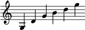 { \override Score.TimeSignature #'stencil = ##f \relative g { \cadenzaOn g4 d' g b d g } }
