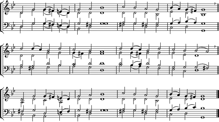 \new ChoirStaff <<
\new Staff { \clef treble \time 4/2 \key g \minor \set Staff.midiInstrument = "church organ" \omit Staff.TimeSignature \set Score.tempoHideNote = ##t \override Score.BarNumber #'transparent = ##t
\relative c'
<< { d2 g g4( fis) e( d) | g2 a bes1 | c2 bes a g | bes4( a) g( fis) g1 \breathe \bar"||" \break
d'2 d4( c) bes2 d | c bes a1 | d2 d4( c) bes2 d | c bes bes( a) \breathe \bar"||" \break
d, g g4( fis) e( d) | g2 a bes1 | c2 bes a g | bes4( a) g( fis) g1 \bar"|." } \\
{ d2 g g4( fis) e( d) | d2 d d1 | d2 d d bes | es d bes1 |
d2 d g g | g4( fis) g2 fis1 | g2 g4( fis) g2 g | g es d1 |
a2 d c a | d d d1 | d2 d d bes | es d d1 } >>
}
\new Staff { \clef bass \key g \minor \set Staff.midiInstrument = "church organ" \omit Staff.TimeSignature \override Staff.NoteHead.style = #'altdefault
\relative c
<< { d2 g g4( fis) e( d) | g2 fis g1 | a2 g fis! g | g4( a) bes( a) g1 |
bes2 a d bes | c d d1 | d2 bes4( c) d2 bes | g g g( fis) |
fis g d e4( fis) | g2 fis g1 | a2 g fis! g | g4( a) bes( c) bes1 } \\
{ d,2 g g4( fis) e( d) | bes2 d g1 | fis2 g d es | c d g,1 |
g'2 fis g bes | a g d1 | bes'2 bes4( a) g2 f | es c d1 |
c2 bes a c | bes d g1 | fis2 g d es | c d g,1 } >>
}
>>
\layout { indent = #0 }
\midi { \tempo 2 = 66 }