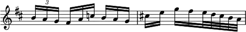 { \override Score.TimeSignature #'stencil = ##f \time 3/8 \key d \major \relative b' { \times 2/3 { b16[ a g] } \override TupletNumber #'stencil = ##f \times 2/3 { fis[ a c] } \times 2/3 { b[ a g] } | cis![ e] g[ fis  \override TupletBracket #'bracket-visibility = ##f \times 4/5 { e32 d cis b a] } | } }