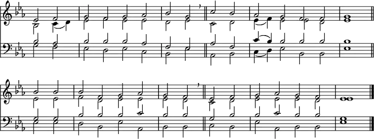<< <<
\new Staff { \clef treble \time 4/2 \partial 1 \key es \major \set Staff.midiInstrument = "church organ" \omit Staff.TimeSignature \set Score.tempoHideNote = ##t \override Score.BarNumber #'transparent = ##t
\relative c'
<< { es2 f | g f g aes | bes g \breathe \bar"||" c bes| aes g f f | g1 \bar"||" \break
bes2 bes | bes f g aes | g f \breathe \bar"||" es f | g aes g f | es1 \bar"|." } \\
{ bes2 c4( d) | es2 f es es | d es c d | es4( f) es2 es d | es1
es2 es | f d es es | es d c d | es es es d |es1 } >>
}
\new Staff { \clef bass \key es \major \set Staff.midiInstrument = "church organ" \omit Staff.TimeSignature
\relative c'
<< { bes2 aes | bes bes bes aes | f es aes f | c'4( bes) bes2 bes bes | bes1
g2 g | bes bes bes c |bes bes g bes | bes c bes bes | g1 } \\
{ g2 f | es d es c | bes es aes, bes | c4( d) es2 bes bes | es1
es2 es | d bes es aes, |bes bes c bes | es aes, bes bes | es1 } >>
}
>> >>
\layout { indent = #0 }
\midi { \tempo 2 = 60 }
