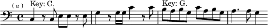 \relative c { \clef bass \key c \major \time 4/4 \mark \markup \tiny { ( \italic a ) } c4^"Key: C." r8 c e e r e | g4 r8 g16 g c4 r8 c | b^"Key: G." a b g c a b g | a4. a8 g4 }