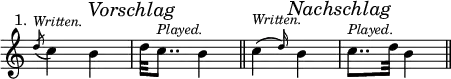 { \override Score.TimeSignature #'stencil = ##f \time 2/4 \relative c'' { \acciaccatura d8^\markup { \halign #2 "1." }^\markup { \italic \smaller Written. } c4 b \mark \markup { \italic "Vorschlag" } | d32 c8..^\markup { \italic \smaller Played. } b4 \bar "||" \afterGrace c4(^\markup { \italic \smaller Written. } { d16)} b4 \mark \markup { \italic Nachschlag } | c8..^\markup { \italic \smaller Played. } d32 b4 \bar "||" } }