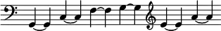 { \override Score.TimeSignature #'stencil = ##f \clef bass \cadenzaOn g,4 ~ g, c ~ c f ~ f g ~ g \clef treble e' ~ e' a' ~ a' }