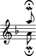 { \override Score.TimeSignature #'stencil = ##f \key d \minor << { a''8\mordent\fermata } \\ { a'8\mordent\fermata } >> }