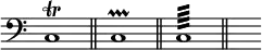 { \override Score.TimeSignature #'stencil = ##f
\time 4/4 \new staff {
\clef bass
c1 \trill \bar "||"
c1 \prallprall \bar "||"
c1:64 ~ \bar "||" s2 } }