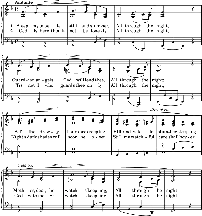 \new PianoStaff <<
\new Staff { \time 4/4 \key f \major \tempo "Andante" <<
\new Voice = "melody" { \relative f' { \stemUp
\repeat unfold 2 { f4.^\( e8 d4^\< f\! |
g4.^\> f8\! e4 <c g>\) |
<d bes>2 e4. e8 |
<f a,>2. r4 | }
<bes g>4.^\( <a fis>8 <bes g>4^\< <c a>\! |
<d bes> <c a> <bes g> <a fis>\)
<bes g d>^\( <a fis c> g4. f8^\markup { \italic "dim. et rit." } |
<a e c>4 <g e bes> <f c> <e c>\) |
f4.^\(^\markup { \italic "a tempo." } e8 d4 f^\< |
g4.^\> f8\! e4 <c g> |
d2^\( e4. f8 |
<f a,>2.\) r4 \bar "|." } }
\new Voice = "two" { \relative a { \stemDown
a2 bes | b c4 s | s2 g4_\( c8 bes\) | s1 |
a2 bes | b_( c4) s | s2 g4_\( c8 bes\) s1 |
e | e | s2 <d bes>4 <f! d> | s1 |
a,2 bes | b c4 s | bes2 g4_\( c8 bes\) } } >> }
\new Lyrics \lyricsto "melody" { \set stanza = #"1. " Sleep, my babe, lie still and slum -- ber, All through the night, Guard -- ian an -- gels God will lend thee, All through the night; Soft the drow -- sy hours are creep -- ing, Hill and vale in slum -- ber steep -- ing Moth -- er, dear, her watch is keep -- ing, All through the night. }
\new Lyrics \lyricsto "melody" { \set stanza = #"2. " God is here, thou'lt not be lone -- ly, All through the night, 'Tis not I who guards thee on -- ly All through the night; Night's dark shades will soon be o -- ver, Still my watch -- ful care shall hov -- er, God with me His watch is keep -- ing, All through the night. }
\new Staff { \clef bass \key f \major
<c f,>2 <bes, f,> | <d g,> c4( e) |
<f bes,>2 c4( c,) | f,( c f,) r |
<c f,>2 <bes, f,> | <d g,> c4( e) |
<f bes,>2 c4( c,) | f,8( f c a, f,4) r |
<c c'>2 c | <c g>1 |
g,4 a, bes, b, | << { r4 g( a bes) } \\ { c1 } >>
<c f,>2 <bes, f,> | <d g,> c4( e) |
bes,\( g, c c,\) | f,2. r4 } >>