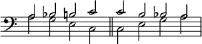 { \override Score.TimeSignature #'stencil = ##f { \time 4/2 \clef bass << { a2 bes b c' \bar "||" c' b bes a } \\ { a2 g e c | c e g a } >> } }