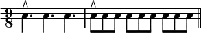 { \time 9/8 \override Score.Clef #'stencil = ##f \clef bass
e4.^\rtoe e e | e8^\rtoe e e e e e e e e \bar "||" }