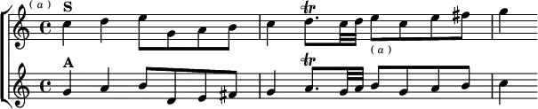 \new ChoirStaff <<
\new Staff \relative c'' { \key c \major \time 4/4 \mark \markup \tiny { ( \italic a ) }
c4^\markup \bold "S" d e8 g, a b |
c4 d8.\trill c32 d e8_\markup \tiny { ( \italic a ) } c e fis g4 }
\new Staff \relative g' { \key c \major
g4^\markup \bold "A" a b8 d, e fis |
g4 a8.\trill g32 a b8 g a b | c4 } >>