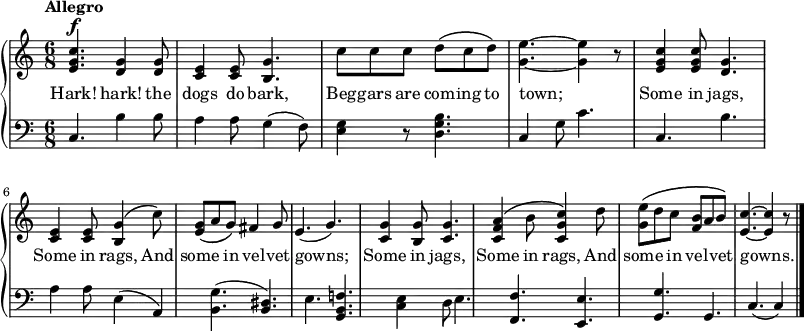\new PianoStaff <<
\relative c'' <<
\new Staff { \time 6/8 \tempo "Allegro" \dynamicUp
<c g e>4.\f <g d>4 <g d>8 | <e c>4 <e c>8 <g b,>4. | c8 c c d\(c d\) | <e g,>4.~<e g,>4 r8 | <c g e>4 <c g e>8 <g d>4. | <e c>4 <e c>8 <g b,>4\(c8\)| <g e>\(\melisma a \melismaEnd g\) fis4 g8 | e4.(g) | <g c,>4 <g b,>8 <g c,>4. | <a f c>4\(b8 <c g c,>4\) d8 | <e g,>\(\melisma d \melismaEnd c <b f> \melisma a \melismaEnd b\) | <c e,>4.~<c e,>4 r8 \bar "|."
}
\addlyrics {Hark! hark! the dogs do bark, Beg -- gars are com -- ing to town;_ Some in jags, Some in rags, And some in vel -- vet gowns;__ Some in jags, Some in rags, And some in vel -- vet gowns.__
}
>>
\new Staff {
\clef bass
c4. b4 b8 | a4 8 g4 (f8) | <g e>4 r8 <b g d>4. | c4 g8 c'4. | c4. b | a4 a8 e4 (a,) | <g b,>4. (<dis b,>) | e <f! b, g,> | <e c>4 d8 e4. | <f f,> <e e,> | <g g,> g, | c (c4)
}
>>