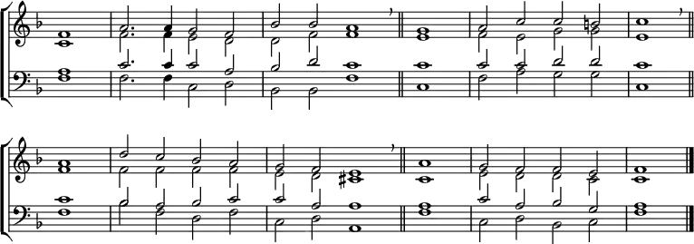 \new ChoirStaff <<
\new Staff { \clef treble \time 4/2 \key f \major \partial 1 \set Staff.midiInstrument = "church organ" \omit Staff.TimeSignature \set Score.tempoHideNote = ##t \override Score.BarNumber #'transparent = ##t
\relative c'
<< { f1 | a2. a4 g2 f | bes bes a1 \bar"||" \breathe \time 2/2 g \time 4/2 a2 c c b | c1 \bar"||" \breathe \break
a | d2 c bes a | g f e1 \bar"||" \breathe \time 2/2 a \time 4/2 g2 f f e | f1 \bar"|." } \\
{ c1 | f2. f4 e2 d | d f f1 | e | f2 e g g | e1
f1 | f2 f f f | e d cis1 | c | e2 d d c | c1 } >>
}
\new Staff { \clef bass \key f \major \set Staff.midiInstrument = "church organ" \omit Staff.TimeSignature
\relative c'
<< { a1 | c2. c4 c2 a | bes d c1 | c | c2 c d d | c1
c | bes2 a bes c | c a a1 | a | c2 a bes g | a1 } \\
{ f1 | f2. f4 c2 d | bes bes f'1 | c | f2 a g g | c,1
f | bes2 f d f | c d a1 | f' | c2 d bes c | f1 } >>
}
>>
\layout { indent = #0 }
\midi { \tempo 2 = 69 }