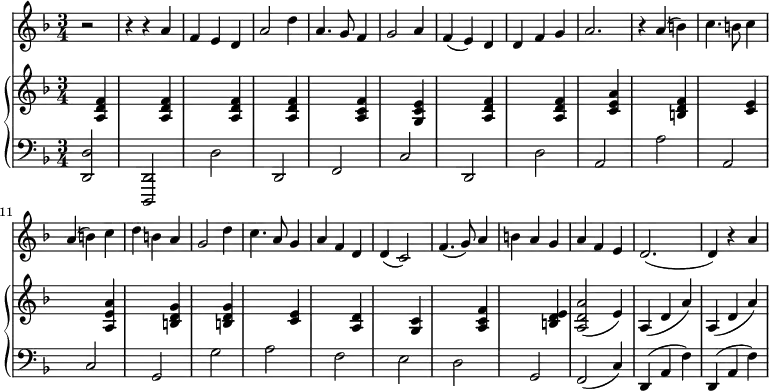 <<
\new Staff
\relative c''
{
\time 3/4
\key f \major
\partial 2
r2 r4 r4
a f e d a'2 d4 a4. g8 f4 g2 a4 f (e) d d f g a2. r4 a (b) c4. b8 c4 a (b) c d b a g2 d'4 c4. a8 g4 a f d d (c2) f4. (g8) a4 b a g a f e d2. (d4) r a'
}
\new PianoStaff <<
\new Staff {
\key f \major
s4 <f' d' a>4
s2 <f' d' a>4
s2 <f' d' a>4
s2 <f' d' a>4
s2 <f' c' a>4
s2 <e' c' g>4
s2 <f' d' a>4
s2 <f' d' a>4
s2 <a' e' c'>4
s2 <f' d' b>4
s2 <e' c'>4
s2 <a' e' a>4
s2 <g' d' b>4
s2 <g' d' b>4
s2 <e' c'>4
s2 <d' a>4
s2 <c' g>4
s2 <f' c' a>4
s2 <e' d' b>4
<a' d' a>2 (e'4)
a (d' a') a (d' a')
}
\new Staff {
\clef bass
\key f \major
<d d,>2 s4
<d, d,,>2 s4
d2 s4 d,2 s4 f,2 s4 c2 s4 d,2 s4 d2 s4 a,2 s4 a2 s4 a,2 s4 c2 s4 g,2 s4 g2 s4 a2 s4 f2 s4 e2 s4 d2 s4 g,2 f,2 (c4) d, (a, f) d, (a, f)
}
>>
>>