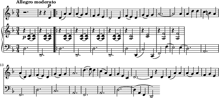 \relative c' {
<<
\new Staff {
\time 3/4
\key f \major
\dynamicUp
\tempo "Allegro moderato"
r2. r4 r d\p
\bar ".|:"
d (a') a a (g) a f g e d2 d4 f (e) d g (f) g a2.~ a2 a4 a d d c b a a (d,) e f (e) d g (f) g a2. d4. (e8) d4 c (a) f g e c d2.~ d4 r d d (a') a a (g) a f g e
}
\new GrandStaff <<
\new Staff {
\key f \major
r4\p <a, d>~ <a d> r4 <a d>~ <a d> r4 <a d>~ <a d> r4 <a d>~ <a d> r4 <a d>~ <a d> r4 <a d>~ <a d> r4 <a d>2 r4 <c e>2 r4 <a f'>2 r4 <a f'>2
}
\new Staff {
\clef "bass"
\key f \major
d,2. d,2. d'2. d,2. d'2. d,2. d'2 d,4 (c'2) c,4 (f2) f'4 (e2) e4 (d2.) a f d' c a f a d2.~ d4 (a f d2)
}
>>
>>
}
