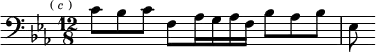 \relative c' { \clef bass \key ees \major \time 12/8 \partial 8*9 \mark \markup \tiny { ( \italic c ) } c8 bes c f, aes16 g aes f bes8 aes bes | ees, }