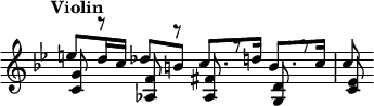 { \override Score.TimeSignature #'stencil = ##f \time 4/4 \key g \minor \tempo "Violin" << \relative e'' { e8 d16 c des8 b c8. d16 b8. c16 | c8 } \\ { } \\ \relative g' { <g c,>8 r <f aes,> r <fis aes,> r <d g,> r | <ees c> } >> }