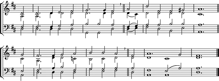 \new ChoirStaff <<
\new Staff { \clef treble \time 4/2 \key d \major \partial 2 \set Staff.midiInstrument = "church organ" \omit Staff.TimeSignature \set Score.tempoHideNote = ##t \override Score.BarNumber #'transparent = ##t
\relative c'
<< { d2 | 2. 4 e2 fis | g2. 4 fis2 \breathe \bar"||"
a | d fis, fis gis | a1. \bar"||" \break
g2 | fis2. 4 g2 a | b b a \breathe \bar"||"
fis a1. g2 | fis1. \bar"|." } \\
{ a,2 | a2. d4 2 2 | 2. 4 2 4( cis) | d2 d d d | cis1.
2 | a2. d4 2 c | b cis d d | d1 cis | d1. } >>
}
\new Staff { \clef bass \key d \major \set Staff.midiInstrument = "church organ" \omit Staff.TimeSignature
\relative c
<< { fis2 | 2. 4 g2 a | b b a fis4( g) | a2 a b b | a1.
e2 | fis2. a4 b2 fis | g g a a | fis1 e2( a) | a1. } \\
{ d,2 | 2. 4 2 2 | g, g d' d4( e) | fis2 d b e | a,1.
a2 | d2. 4 2 2 | g e fis d | a1 a | d1. } >>
}
>>
\layout { indent = #0 }
\midi { \tempo 2 = 58 }
