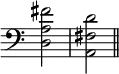{ \override Score.TimeSignature #'stencil = ##f \time 2/4 \clef bass
<d a fis'>2 <a, fis d'> \bar "||" }