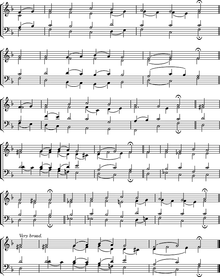 \new ChoirStaff <<
\new Staff { \clef treble \time 4/2 \key f \major \partial 2 \set Staff.midiInstrument = "church organ" \omit Staff.TimeSignature \set Score.tempoHideNote = ##t \override Score.BarNumber #'transparent = ##t
\relative c'
<< { f4( g) | a2 bes c bes | a g a \fermata \bar"||" \break
a | a g4( a ) bes( a) g2 | f( g) f \fermata \bar"||" \break
f4( g) | a2 bes c bes | a g a \fermata \bar"||" a \break
a g4( a) bes( a) g2 | f( g) f \fermata \bar"||" f | a g bes a \break
g fis g \fermata \bar"||" g | a bes c bes | a g a \fermata \bar"||" \break
a^\markup \italic "Very broad." | a g4( a) bes( a) g2 | f( g) f \fermata \bar"|." } \\
{ c2 | f f e f4( g) | g( f) f( e) f2
f | f f f d | d( e) f
f | f f f4( c) d( e) | f2. e4 f2 fis |
fis g4( fis) g( d) d( cis) | d( f2 e4) f2 f | f es d es |
d d d es | f f e! f4( g) | g( f) f( e) f2
fis | fis g4( fis) g( d) d( cis) | d( f2 e4) f2 } >>
}
\new Staff { \clef bass \key f \major \set Staff.midiInstrument = "church organ" \omit Staff.TimeSignature \override Staff.NoteHead.style = #'altdefault
\relative c'
<< { a4( bes) | c2 bes a d | c c c
c | d d4( c) bes( c) bes2 | a( c4 bes) a2
a | f'4( e) d2 c g | a4( bes) c2 c | d
d d4( c) bes( d) e2 | a,( c) a bes | bes c f, c' |
bes a bes bes | c bes g d' | c c c
d | d d4( c) bes( d) e2 | a,( c) a } \\
{ f2 | f d c d4( e) | f2 c f \fermata
f d bes4( a) g( a) bes2 | d( c) f
f4( e) | d( c) bes2 a g | f c' f \fermata d |
d'4( c) bes( a) g( f!) e2 | d( c) f \fermata d | es c bes c |
d d g \fermata es | es d c d4( e) | f2 c f \fermata
d | d'4( c) bes( a) g( f!) e2 | d( c) f \fermata } >>
}
>>
\layout { indent = #0 }
\midi { \tempo 2 = 50 }