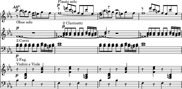 << \new Staff { \override Score.Rest #'style = #'classical \override Score.TimeSignature #'stencil = ##f \time 4/4 \key c \minor \tempo \markup { \italic { \concat { All \super o . } } } << \new Voice \relative e''' { \stemUp R1 r8^"Flauto solo"^\p e c a f ees c' ees, | d4 r r2 | r8 ees'8 c a f ees c' ees, }
\new Voice \relative b'' { \stemDown r8_"Oboe solo"^\p bes a g f e g f | f1 _~ | f8 bes a g f e g f | f1 ~ } >> }
\new Staff { \key c \minor << \new Voice \relative f' { f1_"2 Corni"^\p ~ f ~ f ~ f }
\new Voice \relative f' { f1 ~ f ~ f ~ f }
\new Voice \relative a' { \stemUp R1 <a c>8^"2 Clarinetti"^\p q q q q q <bes d>16 <a c> <bes g> <a c> | <bes d>4 r r2 | <a c>8 q q q q q <bes d>16 <a c> <bes g> <a c> } >> }
\new Staff { \clef bass \key c \minor \relative b { <bes d>8\p_"2 Fag." q q q q q <c ees>16 <bes d> <c a> <bes d> | <c ees>1 | <bes d>8 q q q q q <c ees>16 <bes d> <c a> <bes d> | <c ees>1 } }
\new Staff { \key c \minor \relative d' { r4\p^"Violini e Viole" <d bes f> r <f bes d> | r <f c' ees> r <c a f> | r <d bes f> r <f bes d> | r <f c' ees> r <c a f> } }
\new Staff { \clef bass \key c \minor \repeat unfold 2 { bes4 r bes r | f r f r } } >>