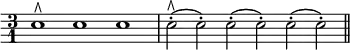 { \time 3/1 \override Score.Clef #'stencil = ##f \clef bass
e1^\rtoe e e | e2-.(^\rtoe e-.) e-.( e-.) e-.( e-.) \bar "||" }