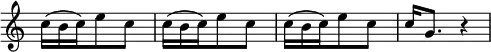 \relative c'' { \key c \major \time 3/8 \override Score.TimeSignature #'stencil = ##f \override TupletNumber #'stencil = ##f \override TupletBracket #'bracket-visibility = ##f \repeat unfold 3 { \times 2/3 { c16^( b c) } e8 c } c16 g8. r4*1/2 }