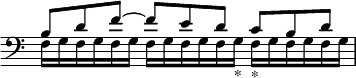 { \override Score.TimeSignature #'stencil = ##f \time 9/8 \clef bass \relative b << { b8 d f ~ f e d c b d } \\ { f,16 g f g f g f g f g f g_"*" f_"*" g f g f g } >> }