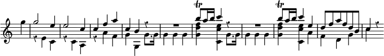 \relative g'' { \time 3/4 \override Score.TimeSignature #'stencil = ##f \override Score.BarNumber #'break-visibility = #'#(#f #f #f) \override Score.Rest #'style = #'classical \partial 4
<< { s4 | g2 e4 | e2 c4 | c f a | c, b r | R2. |
b'8\trill a16 b c4 r | R2. |
b8\trill a16 b c4 e, | d8 f a f d b | c4 r } \\
{ g' r e, c | r c a | r a' f | g g, g'8. g16 | g4 g g |
<g d' f> <c, c' e> g'8. g16 | g4 g g |
<g d' f> <c, c' e> a' | f d g | c } >> }