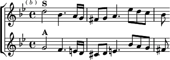 \new ChoirStaff <<
\new Staff \relative d'' { \key g \minor \time 4/4 \mark \markup \tiny { ( \italic b ) }
d2^\markup \bold "S" bes4. a16 g | fis8 g a4. ees'8 d c | bes }
\new Staff \relative g' { \key g \minor
g2^\markup \bold "A" f4. e16 d | cis8 d e4. bes'8 a g | fis } >>