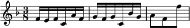 { \relative f' { \key f \major \time 3/8
 f16 e f c a' f | g f g c, bes' g | a8 f f' } }