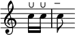 { \override Score.TimeSignature #'stencil = ##f \time 2/4 \partial 8 \relative c'' { c16^\lheel c^\lheel c8 -\tweak #'X-offset #0 -\tweak #'Y-offset #3.25 -\tenuto } }