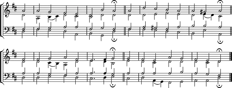 \new ChoirStaff <<
\new Staff { \clef treble \time 4/2 \key d \major \partial 2 \set Staff.midiInstrument = "church organ" \omit Staff.TimeSignature \set Score.tempoHideNote = ##t \override Score.BarNumber #'transparent = ##t
\relative c''
<< { a2 | a g fis e | d b' a \fermata \bar"||"
a | d cis b a | a gis a \fermata \bar"||" \break
fis | fis g a fis | e2. fis4 g2 \fermata \bar"||"
g | fis e a g | fis e d \fermata \bar"|." } \\
{ d2 | a b4( cis) d2 cis | b d d d | d e fis e | d e4( d) cis2
d | d cis4( b) a2 d | e2. d4 b2 e | d cis d d | d cis d } >>
}
\new Staff { \clef bass \key d \major \set Staff.midiInstrument = "church organ" \omit Staff.TimeSignature
\relative c
<< { fis2 | 2 g a a | fis g fis fis | a gis fis a | b b a
a | a g fis a | a2. 4 g2 a | a a a b | a g fis } \\
{ d2 | fis e d a | b g d' \fermata fis | fis e d cis | b e a, \fermata
d | d e fis d | cis2. d4 e2 \fermata cis | d a4( g) fis2 g | a a d \fermata } >>
}
>>
\layout { indent = #0 }
\midi { \tempo 2 = 69 }