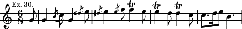 { \relative g' { \time 6/8 \partial 8 \mark \markup \small "Ex. 30."
g8 | g4 \acciaccatura b8 c g4 \slashedGrace dis'8 e |
\slashedGrace dis e4 \slashedGrace e8 f f4\trill e8 |
e4\trill d8 d4\trill c8 | c8. d16 e8 b4. } }
