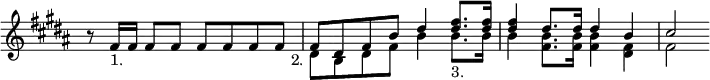 { \override Score.TimeSignature #'stencil = ##f \time 4/4 \key b \major \relative f' { r8 fis16_"1." fis fis8 fis fis fis fis fis | << { fis8 dis fis b dis4 <fis dis>8. <fis dis>16 | <fis dis>4 dis8. dis16 dis4 b | cis2 } \\ { dis,8_\markup { \halign #2 2. } b dis fis b4 b8._"3." b16 b4 <b fis>8. <b fis>16 <b fis>4 <fis dis> fis2 } >> } }