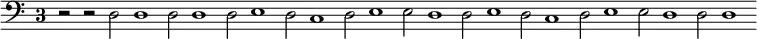 { \clef bass \override Staff.TimeSignature #'style = #'single-digit \time 3/2 \cadenzaOn r2 r d d1 d2 d1 d2 e1 d2 c1 d2 e1 e2 \bar "" d1 d2 e1 d2 c1 d2 e1 e2 d1 d2 d1 }
