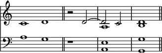 { \override Score.TimeSignature #'stencil = ##f \time 4/4 \new Staff << \relative c' { \cadenzaOn c1 d \bar "||" \cadenzaOff r2 << { d ~ d c d1 \bar "||" } \\ { s2 a1 b } >> }
\new Staff { \clef bass \relative a { a1 g r1 <e a,> <g g,> } } >> }