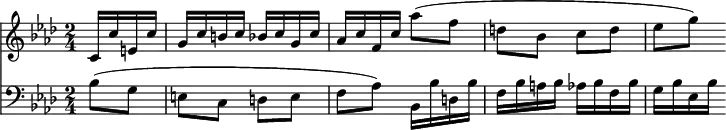 { \time 2/4 \key aes \major << \partial 4 \relative c' { c16 c' e, c' | g c b c bes c g c | aes c f, c' aes'8( f | d bes c d | ees g) }
\new Staff { \clef bass \key aes \major \relative b { bes8( g | e c d e | f aes) bes,16 bes' d, bes' | f bes a bes aes bes f bes | g bes ees, bes' } } >> }