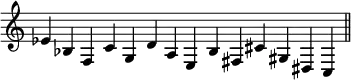 { \relative e' { \override Score.TimeSignature #'stencil = ##f \time 5/4
ees4 bes f c' g \bar ""
d' a e b' fis \bar ""
cis' gis dis c \bar "||" } }