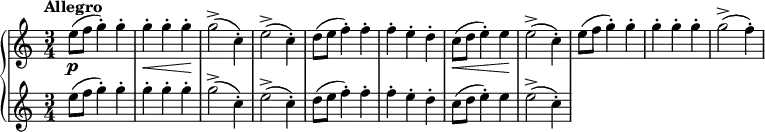 \relative c'' {
\new GrandStaff <<
\new Staff {
\time 3/4
\tempo "Allegro"
e8\p (f g4-.) g-. g-.\< g-. g-.\! g2-> (c,4-.) e2-> (c4-.) d8 (e f4-.) f-. f-. e-. d-. c8\< (d e4-.) e\! e2-> (c4-.) e8 (f g4-.) g-. g-. g-. g-. g2-> (f4-.)
}
\new Staff {
e8 (f g4-.) g-. g-. g-. g-. g2-> (c,4-.) e2-> (c4-.) d8 (e f4-.) f-. f-. e-. d-. c8 (d e4-.) e e2-> (c4-.)
}
>>
}