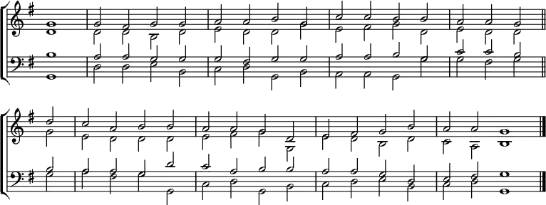\new ChoirStaff <<
\new Staff { \clef treble \time 4/2 \key g \major \partial 1 \set Staff.midiInstrument = "church organ" \omit Staff.TimeSignature \set Score.tempoHideNote = ##t \override Score.BarNumber #'transparent = ##t
\relative c''
<< { g1 | 2 fis g g | a a b g | c c b b | a a g \bar"||" \break
d' | c a b b | a a g d | e fis g b | a a g1 \bar"|." } \\
{ d1 | 2 2 b d | e d d g | e fis g d | e d d
g | e d d d | e fis g g, | e' d b d | c a b1 } >>
}
\new Staff { \clef bass \key g \major \set Staff.midiInstrument = "church organ" \omit Staff.TimeSignature
\relative c'
<< { b1 | a2 a g g | g fis g g | a a b g | c c b
b | a a g d' | c a b b | a a g d | e fis g1 } \\
{ g,1 | d'2 2 e b | c d g, b | a a g g' | g fis g
g | a fis g g, | c d g, b | c d e b | c d g,1 } >>
}
>>
\layout { indent = #0 }
\midi { \tempo 2 = 52 }