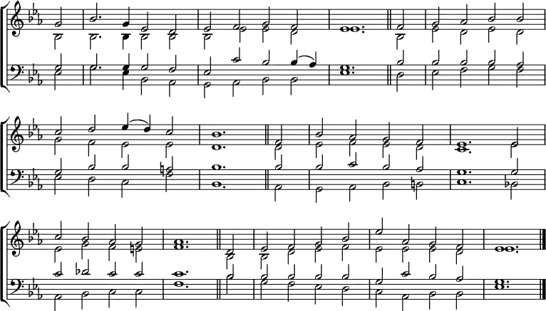 \new ChoirStaff <<
\new Staff { \clef treble \time 4/2 \key es \major \partial 2 \set Staff.midiInstrument = "church organ" \omit Staff.TimeSignature \set Score.tempoHideNote = ##t \override Score.BarNumber #'transparent = ##t
\relative c''
<< { g2 | bes2. g4 es2 d | es f g f | es1. \bar"||" f2 | g aes bes bes \break
c d es4( d) c2 | bes1. \bar"||" f2 | bes aes g f | es1. 2 \break
c' bes aes g | aes1. \bar"||" d,2 | es f g bes | es aes, g f | es1. \bar"|." } \\
{ bes2 | 2. 4 2 2 | 2 es es d | es1. bes2 | es d es d
g f es es | d1. 2 | es f es d | c1. es2
es g f e | f1. bes,2 | 2 d es f | es es es d | es1. } >>
}
\new Staff { \clef bass \key es \major \set Staff.midiInstrument = "church organ" \omit Staff.TimeSignature
\relative c'
<< { g2 | 2. 4 2 f | es c' bes bes4( aes) | g1. bes2 | 2 2 2 aes
g bes bes a | bes1. 2 | 2 c bes aes | g1. 2
c des c c | c1. bes2 | 2 2 2 2 | g c bes aes | g1. } \\
{ es2 | g2. es4 bes2 aes | g aes bes bes | es1. d2 | es f g f
es d c f | bes,1. aes2 | g aes bes b | c1. bes!2
aes bes c c | f1. bes2 | g f es d | c aes bes bes | es1. } >>
}
>>
\layout { indent = #0 }
\midi { \tempo 2 = 56 }