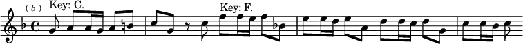 \relative g' { \key f \major \time 4/4 \partial 8*5 \mark \markup \tiny { ( \italic b ) } g8^"Key: C." a a16 g a8 b | c g r c f^"Key: F." f16 e f8 bes,! | e e16 d e8 a, d d16 c d8 g, | c c16 bes c8 }