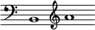 { \clef bass \override Staff.TimeSignature #'stencil = ##f \time 4/1 b,1 \clef treble a' }