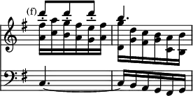 { << \new Staff << \override Score.TimeSignature #'stencil = ##f \time 3/8 \mark \markup \small "(f)" \key g \major
\new Voice \relative d''' { \stemUp
d8-. d-. d-. | b4. }
\new Voice \relative a' { \stemDown
<a fis'>16 <c a'> <b g'> <a fis'> <g e'> <a fis'> |
<d, g'> <g d'> <fis c'> <g b> <a c,> <b b,> } >>
\new Staff \relative c { \clef bass \key g \major
c4. ~ | c16 b a g fis g } >> }
