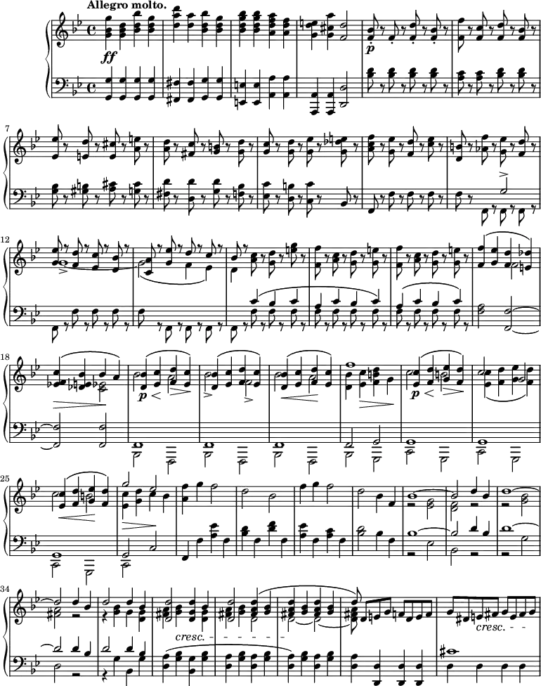 #(set-global-staff-size 18)
\version "2.14.2"
\header {
tagline = ##f }
\score { \new GrandStaff << \time 4/4 \new Staff { \key g \minor \tempo "Allegro molto."
\relative g'' { <g bes, g>4\ff <d bes g> <bes' d, bes> <g d bes> |
<d' a d,> <a d,> <bes d, bes> <g d bes> |
<bes g d bes> <bes g d bes> <a f d a> <f d a> |
<e d g,> <a cis, g> <d, f,>2 |
<bes f>8-.\p r f-. r <d' f,>-. r <bes f>-. r |
<f' f,> r <c f,> r <d f,> r <bes f> r |
<ees ees,> r <d e,> r <cis e,> r <e a,> r |
<d a> r <c fis,> r <b g> r <d g,> r |
<c g> r <d g,> r <ees g,> r <e des g,> r |
<f c a> r <ees g,> r <d f,> r <c ees> r |
<b d,> r <f' aes,> r <ees g,> r <d f,> r |
<< { <ees g,> r <d f,> r <c ees,> r <bes d,> r | <a c,> r <ees' g,> r d r c r | bes r }
\\
{ g1-> ~ | g2\( f4 ees\) | d } >>
<c' a>8 r <d g,> r <e g> r |
<f f,> r <c a> r <d g,> r <e g,> r |
<f f,> r <c a> r <d g,> r <e g,> r |
<< { <f f,>4\( <ees g,> <d f,> <des e,>\) |
<c f, ees!>\>\( <bes e, des> bes\! a\) |
<bes d,>\p\<\( <c ees,>\! <d f,>\> <c ees,>\!\) |
<bes d,>\( <c ees,> <d f,> <c ees,>\) |
<bes d,>\(\< <c ees,> <d f,>\! <c ees,>\) | f1 |
<c ees,>4\p\<\( <d f,>\! <ees g,>\> <d f,>\)\! | c2 g |
<c ees,>4\<\( <d f,> <ees g,>\! <d f,>\) | g2 ees } \\
{ s2 f, s <ees c> | bes' a | bes-> f-> | bes a |
<bes d,>4 <c ees,>\> <d b f> g,\! | c2 b |
<c ees,>4\( <d f,> <ees g,> <d f,>\) | c2 b |
<c ees,>4\> <d g,> c\! bes } >>
<f' a,>4 g f2 | d bes | f'4 g f2 | d2 bes4 f |
<< { bes1 ~ | bes2 d4 bes | d1 ~ | d2 d4 bes |
d2 d4 bes | <d d,>2 <d g, d>4 bes | <d d,>2 <d a fis>4\( <bes g> |
<d a fis> <bes g> <d a fis> <bes g> | d8\) } \\
{ r2 <g, ees> | <f d> r | r <bes g> | <a fis> r |
r4 <bes g> g <g d> | <a fis> <bes g>\cresc s <g d> | <a fis> <bes g> d,2 |
d\! ~ d ~ | <d fis a>8 } >>
d8 e g f d e f | g dis e\cresc fis g e fis g\! |
} }
\new Staff { \key g \minor \clef bass \relative g {
<g g,>4 <g g,> <g g,> <g g,> |
<fis fis,> <fis fis,> <g g,> <g g,> |
<e e,> <e e,> <a a,> <a a,> |
<a, a,> <a a,> <d d,>2 |
<d' bes>8 r <d bes> r <d bes> r <d bes> r |
<c a> r <c a> r <d bes> r <d bes> r |
<bes g> r <b gis> r <cis a> r <cis g> r |
<d fis,> r <d d,> r <d g,> r <bes f> r |
<c ees,> r <b d,> r <c c,> r bes, r |
f r f' r f r f r | f r
<< { s4 g2-> | s1 | s | s4\( c bes c | a c bes c\) | a\( c bes c\) }
\\
{ f,,8 r f r f r | f r f' r f r f r | f r f, r f r f r | f r f' r f r f r |
f r f r f r f r | f r f r f r f r | } >>
<a f>2 <f f,> ~ | <f f,> <f f,> |
<< { f,1 | f | f | f2 g | g1 | g1 | g1 | g2 c }
\\
{ bes,2 f | bes f | bes f | bes g | c g | c g | c g | c } >>
f4 f' <a ees'> f | <bes d> f <d' f> f, | <a ees'> f <a c> f | <bes d>2 bes4 f |
<< { bes1 ~ | bes2 d4 bes | d1 ~ | d2 d4 bes | d2 d4 bes } \\
{ r2 ees, | bes r | r g' | d r | r4 g bes, g' } >>
<a d,>4\( <bes g> <g bes,> <bes g> | <a d,> <bes g> <a d,> <bes g> |
<a d,>4\) <bes g> <a d,> <bes g> | <a d,> <d, d,> <d d,> <d d,> |
<< { cis'1 } \\
{ d,4 d d d } >>
} } >>
\midi { }
\layout { } }
