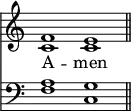 << <<
\new Staff { \clef treble \time 4/2 \key c \major \set Staff.midiInstrument = "church organ" \omit Staff.TimeSignature
\relative c' { << { f1 e \bar"||" } \\ { c c } >> }
}
\new Lyrics \lyricmode { A -- men }
\new Staff { \clef bass \key c \major \set Staff.midiInstrument = "church organ" \omit Staff.TimeSignature
\relative c' { << { a1 g } \\ { f1 c } >> }
}
>> >>
\layout { indent = #0 }
\midi { \tempo 2 = 66 }