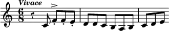 \relative c' { \override Score.Rest #'style = #'classical \tempo \markup \italic \small "Vivace" \time 6/8
r4 c8 f-.^> f-. e-. | d d c b a b | c d e }